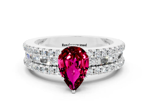 White gold Pear Cut Garnet Solitaire Ring with Pavé and Channel Set Band