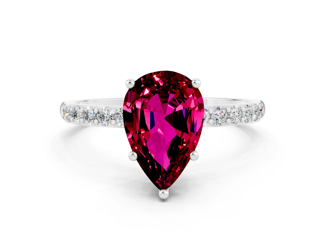 White gold Pear Cut Garnet Solitaire Ring with Pave Band and Four Prong Setting_24