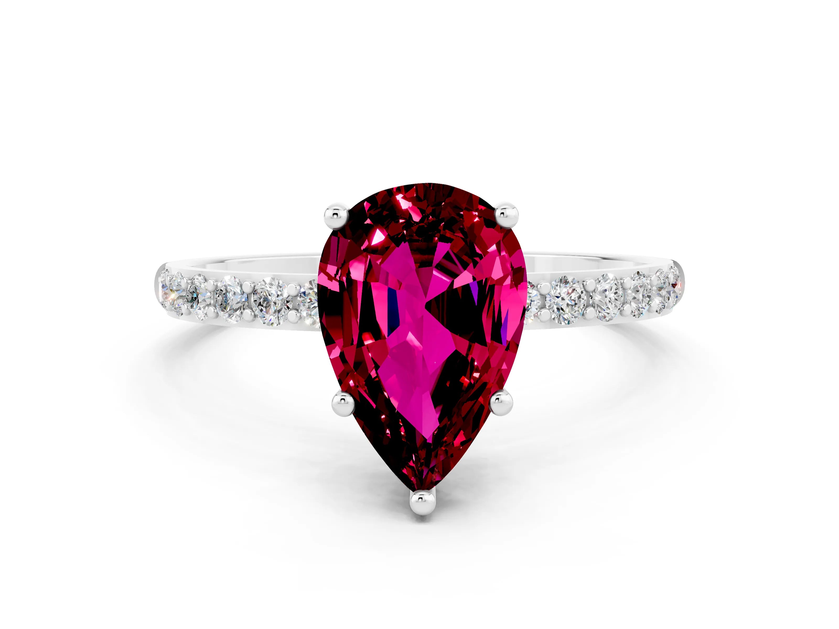 White gold Pear Cut Garnet Solitaire Ring with Pave Band and Four Prong Setting_24