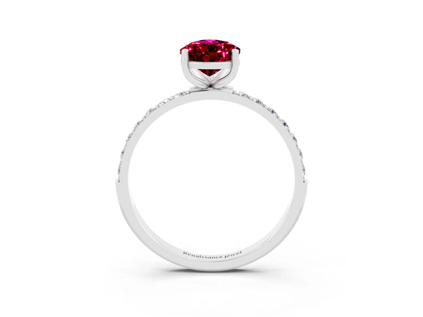 Silver Pear Cut Garnet Solitaire Ring with Round  Pavé Band and Prong Setting