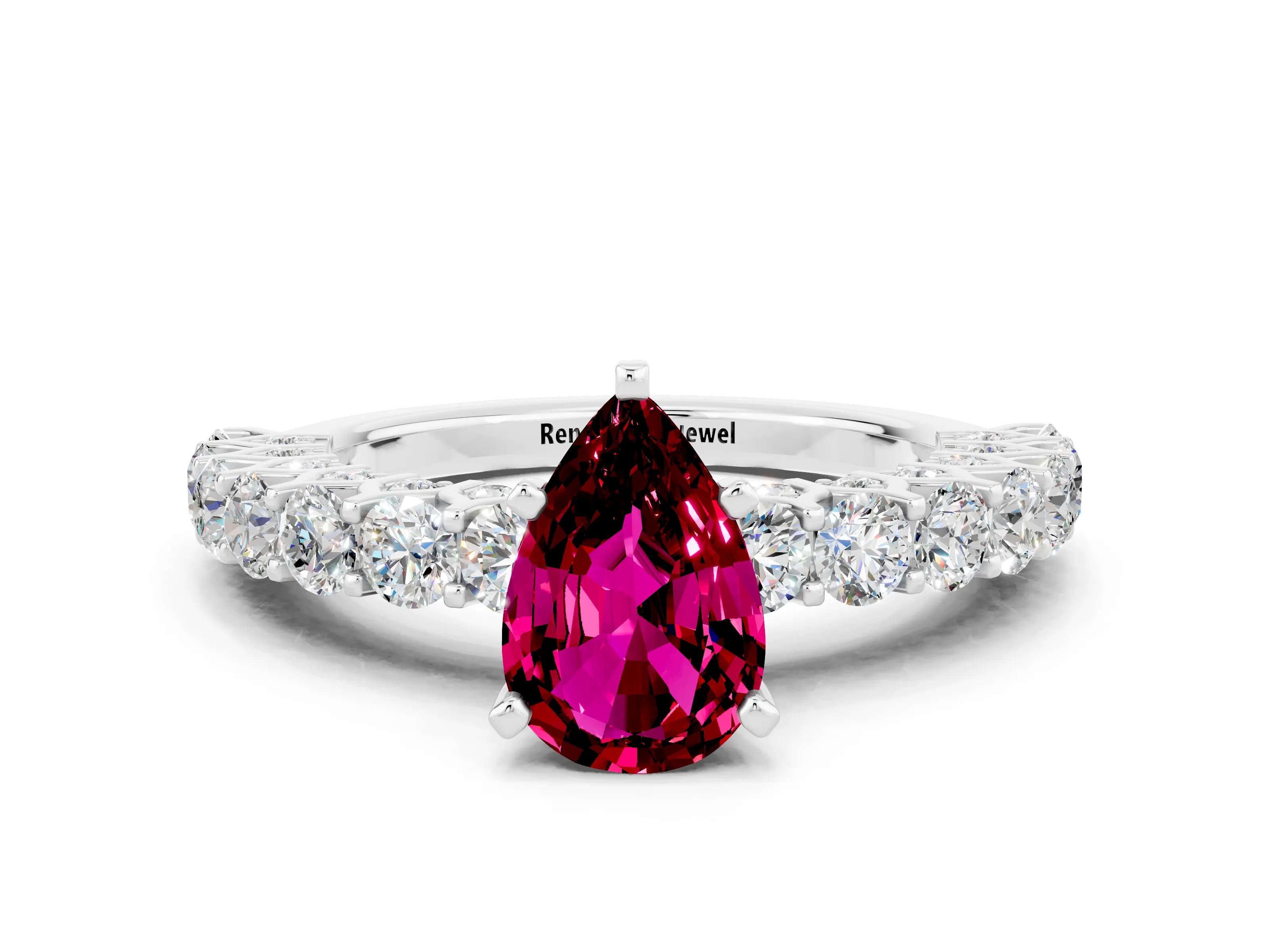 White gold Pear Cut Garnet Solitaire Ring with Shared Prong Pavé Band and Four-Prong Setting