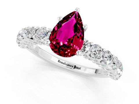 White gold Pear Cut Garnet Solitaire Ring with Shared Prong Pavé Band and Four-Prong Setting_1