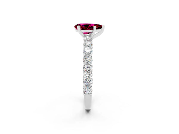 Platinum Pear Cut Garnet Solitaire Ring with Shared Prong Pavé Band and Four-Prong Setting