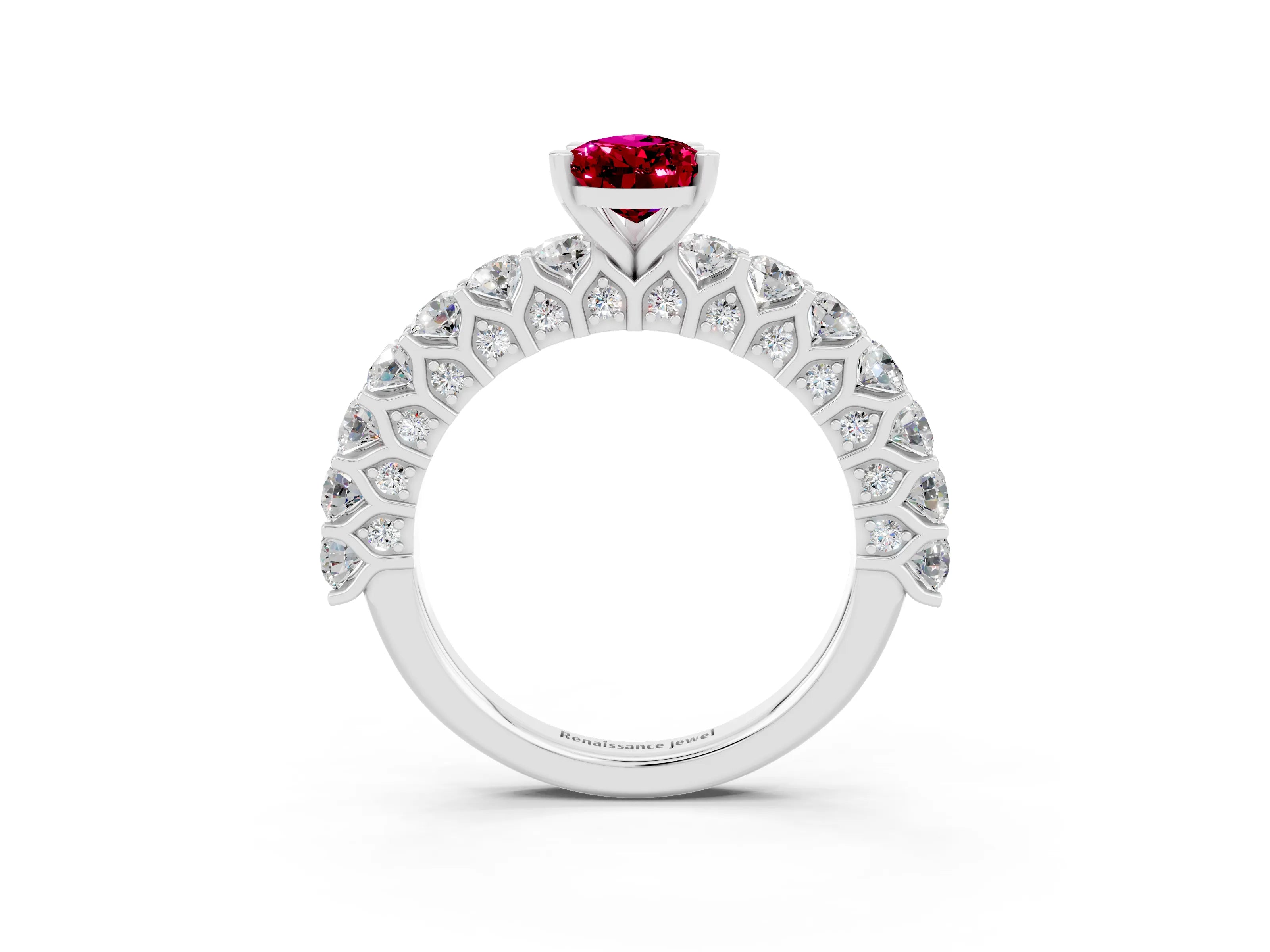 White gold Pear Cut Garnet Solitaire Ring with Shared Prong Pavé Band and Four-Prong Setting_3