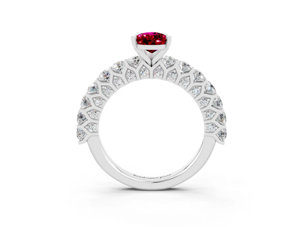 White gold Pear Cut Garnet Solitaire Ring with Shared Prong Pavé Band and Four-Prong Setting