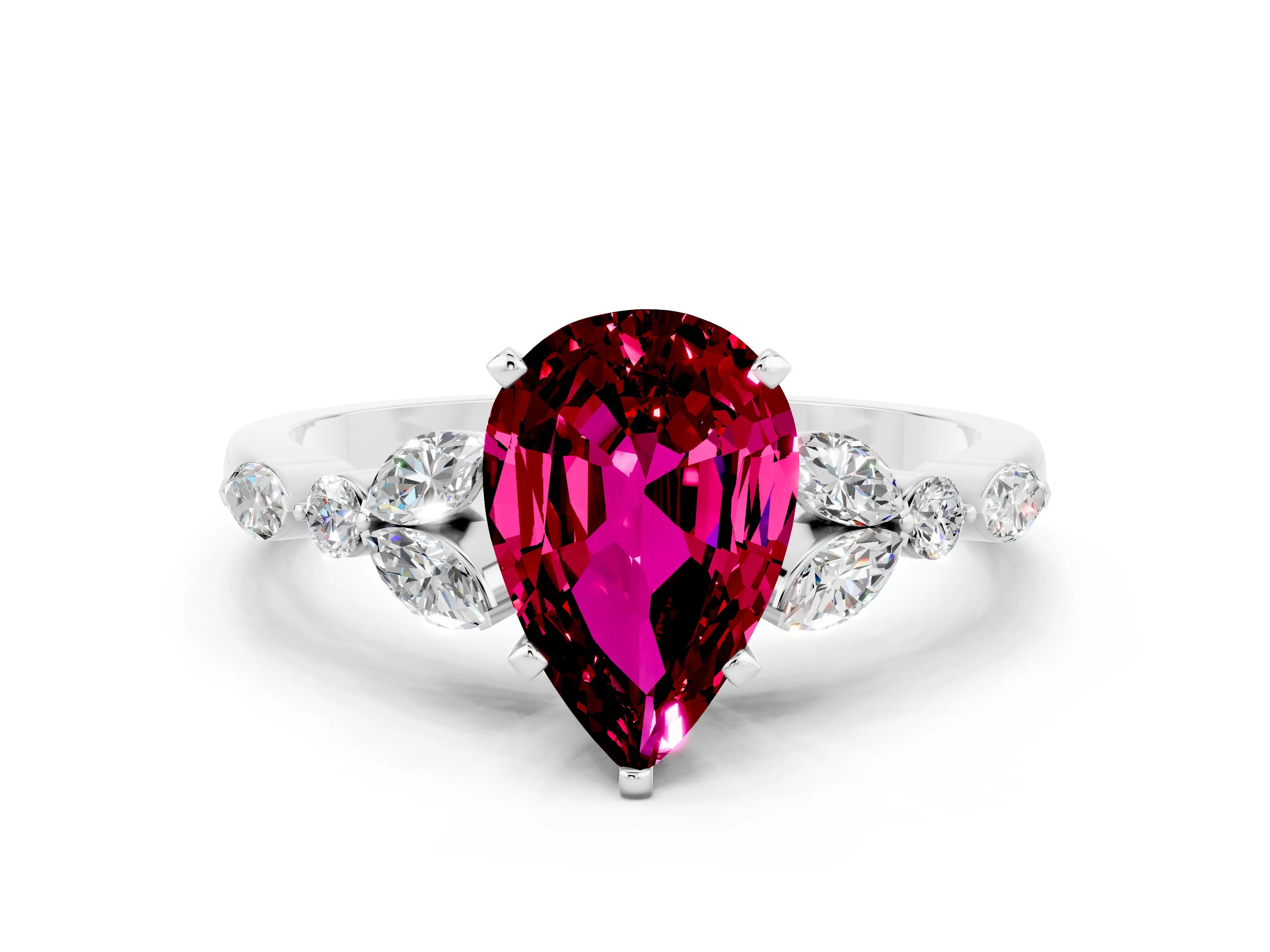 White gold Pear Cut Garnet Solitaire Ring with Side Stones and Four-Prong Setting_48