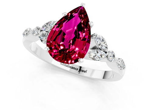 White gold Pear Cut Garnet Solitaire Ring with Side Stones and Four-Prong Setting_49