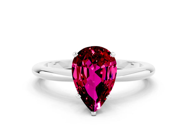 Platinum Pear Cut Garnet Solitaire Ring with Six-Prong Setting and Classic Band