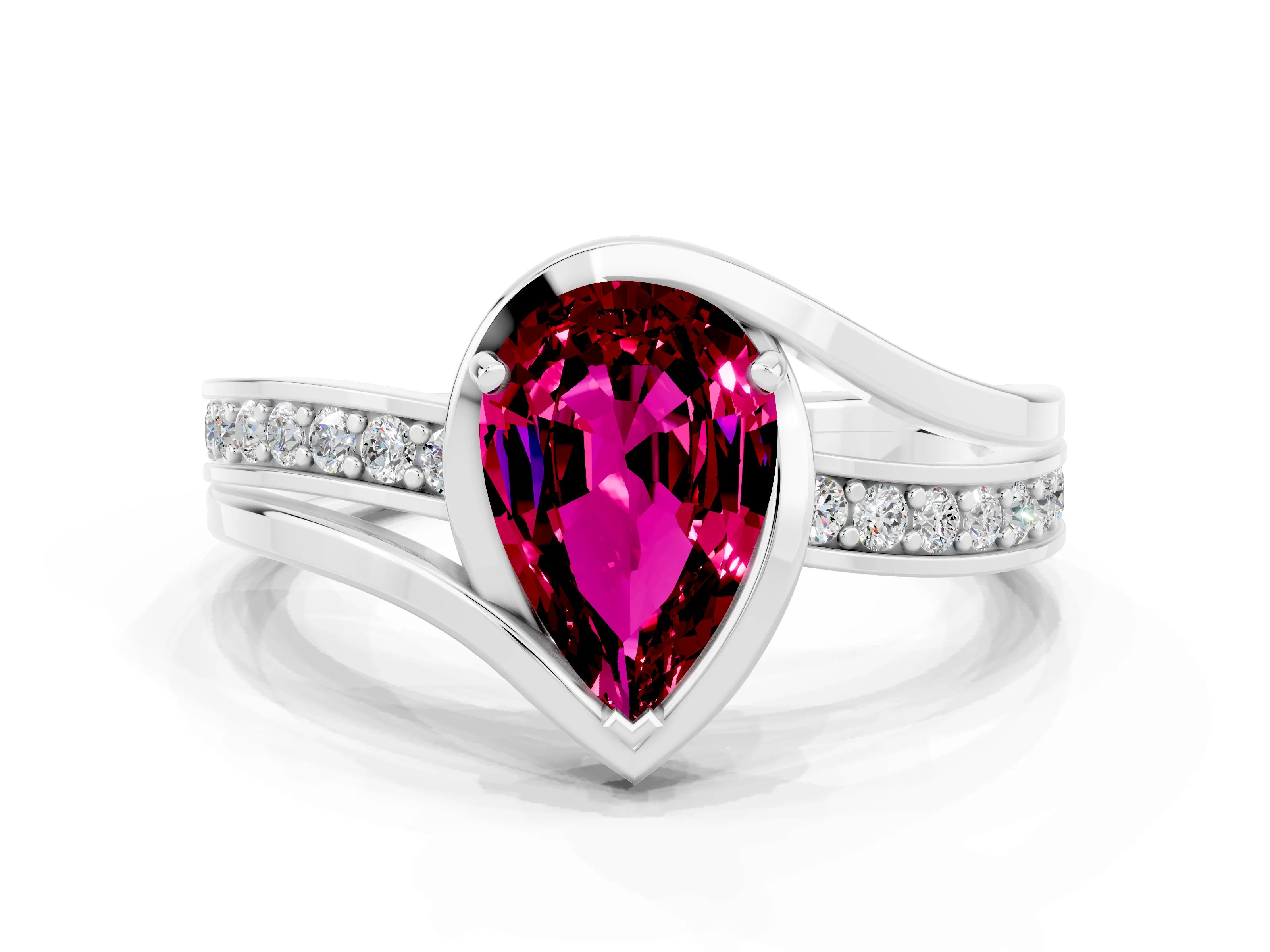 White gold Pear Cut Garnet Solitaire Ring with Split Shank and Prong Setting
