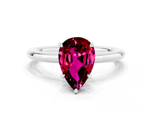 Platinum Pear Cut Garnet Solitaire Ring with Thin Band and Four-Prong Setting