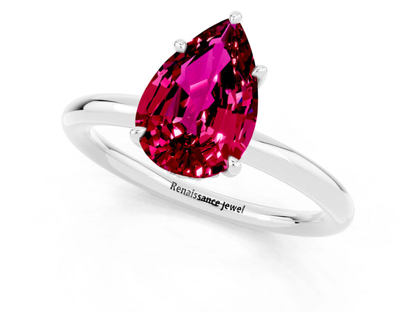 Platinum Pear Cut Garnet Solitaire Ring with Thin Band and Four-Prong Setting