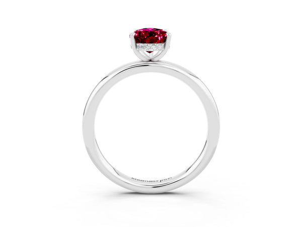 White gold Pear Cut Garnet Solitaire Ring with Thin Band and Four-Prong Setting