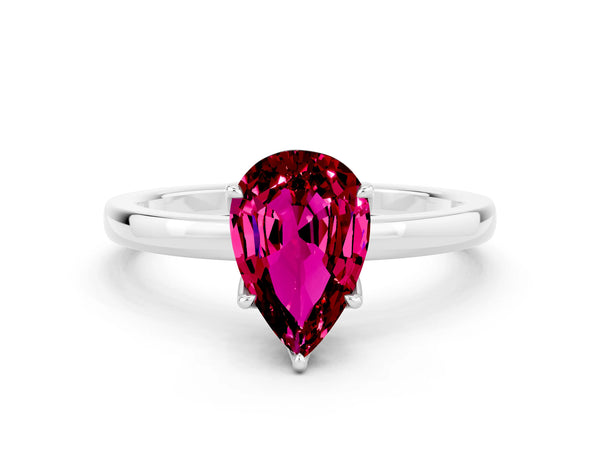 White gold Pear Cut Garnet Solitaire Ring with Thin Band and Prong Setting