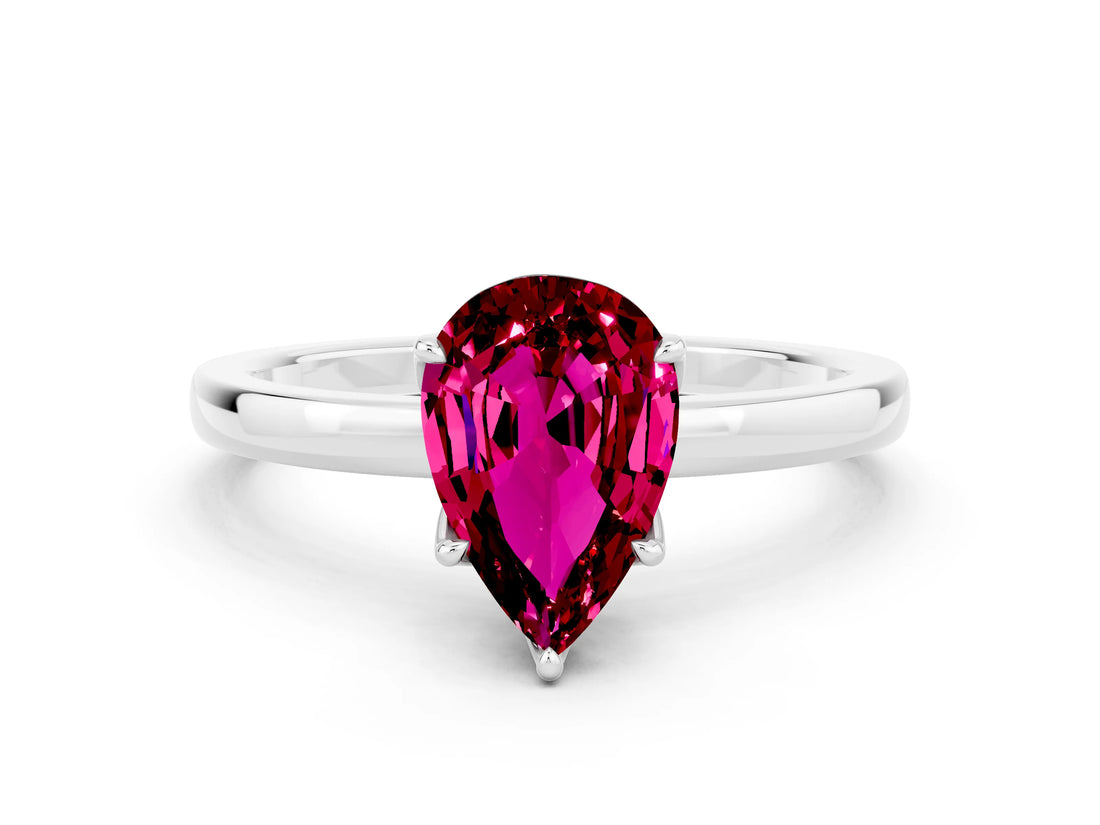 White gold Pear Cut Garnet Solitaire Ring with Thin Band and Prong Setting_12
