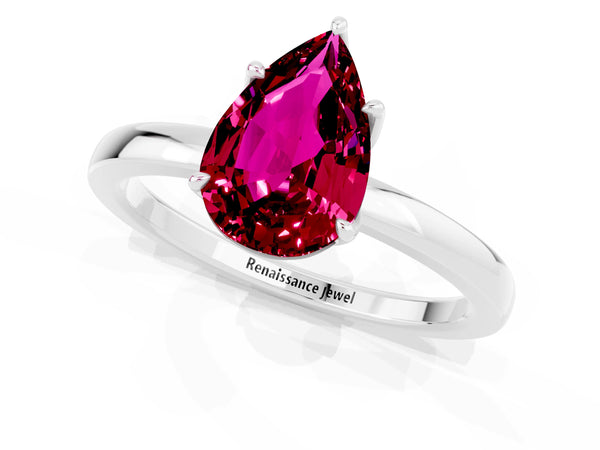 Silver Pear Cut Garnet Solitaire Ring with Thin Band and Prong Setting