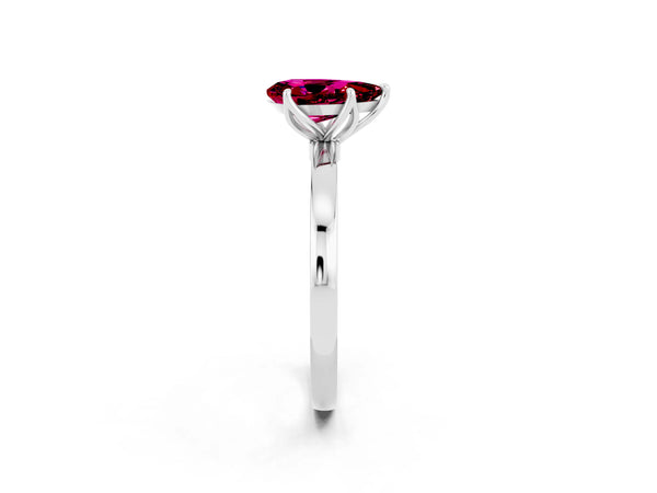 White gold Pear Cut Garnet Solitaire Ring with Thin Band and Prong Setting