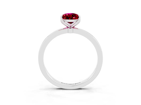 Platinum Pear Cut Garnet Solitaire Ring with Thin Band and Prong Setting