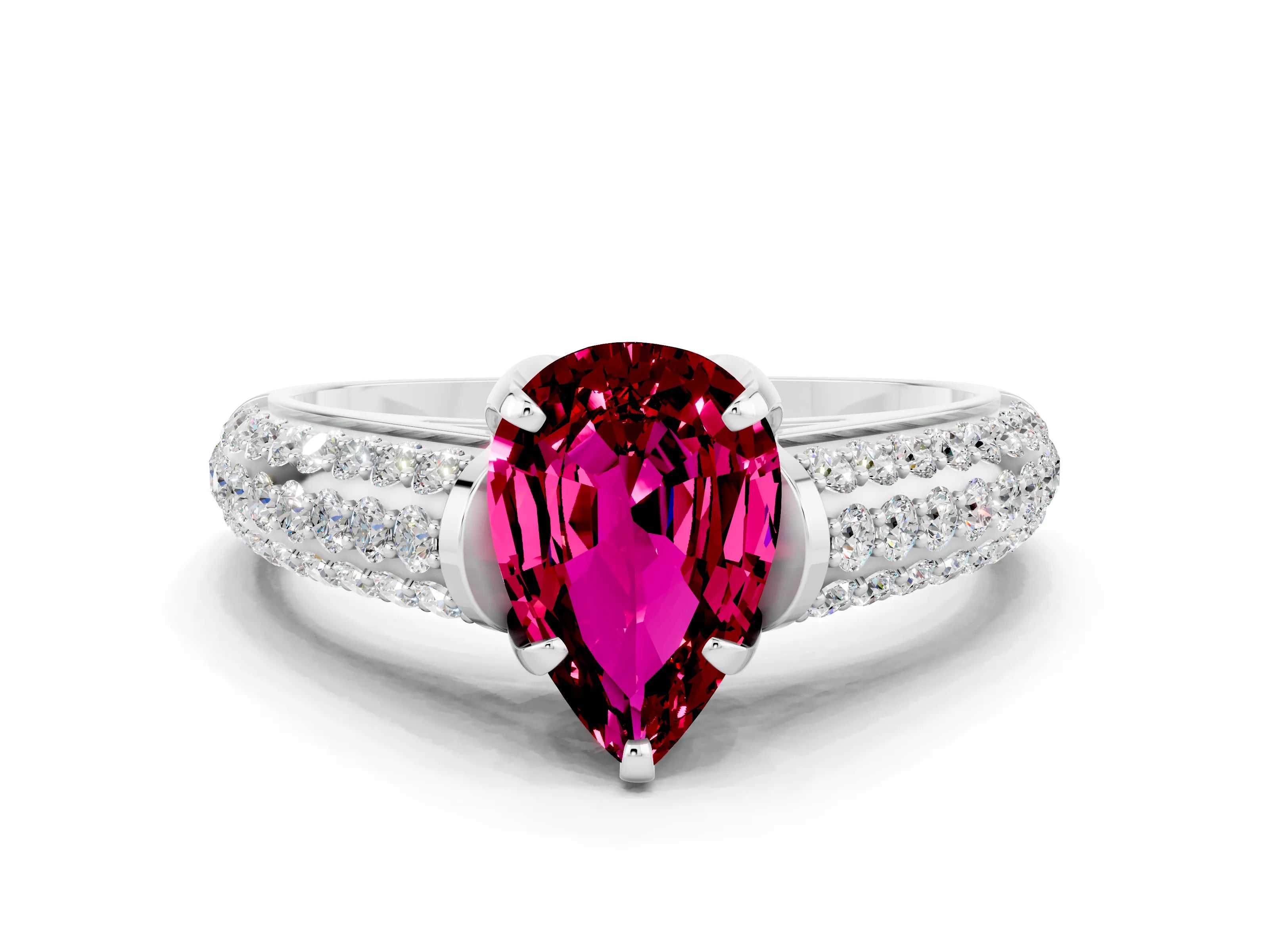 White gold Pear Cut Garnet Solitaire Ring with Three-Row Pavé Band and Four-Prong Setting_12