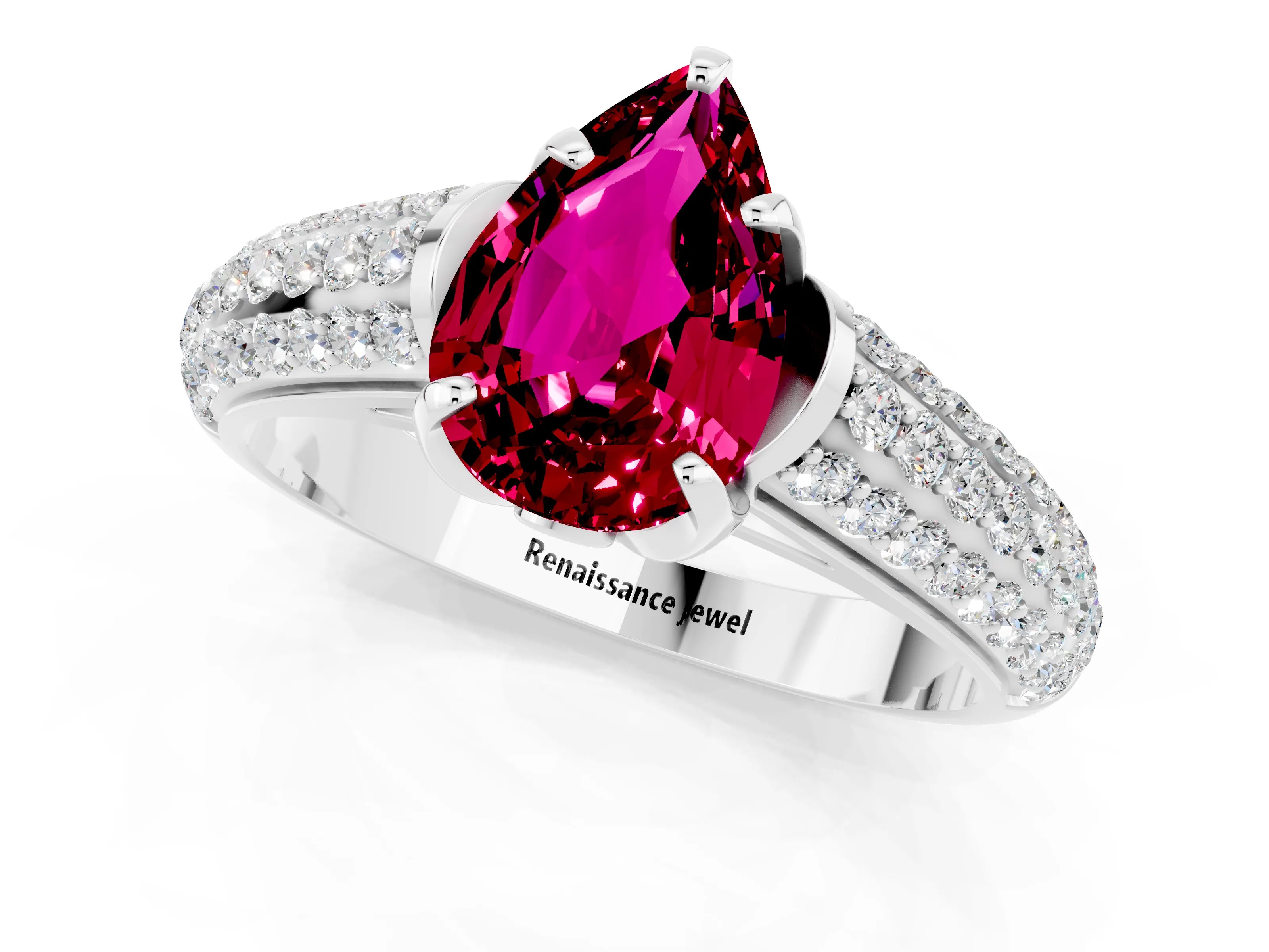 White gold Pear Cut Garnet Solitaire Ring with Three-Row Pavé Band and Four-Prong Setting_13