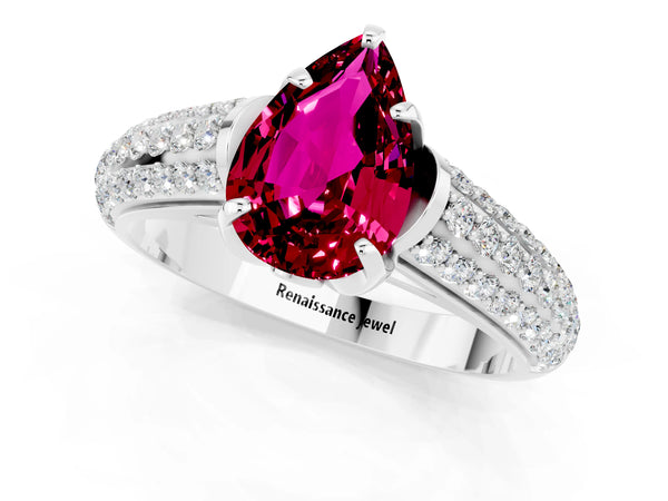 Silver Pear Cut Garnet Solitaire Ring with Three-Row Pavé Band and Four-Prong Setting