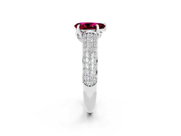 Platinum Pear Cut Garnet Solitaire Ring with Three-Row Pavé Band and Four-Prong Setting