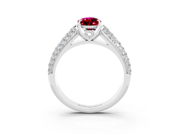 Platinum Pear Cut Garnet Solitaire Ring with Three-Row Pavé Band and Four-Prong Setting
