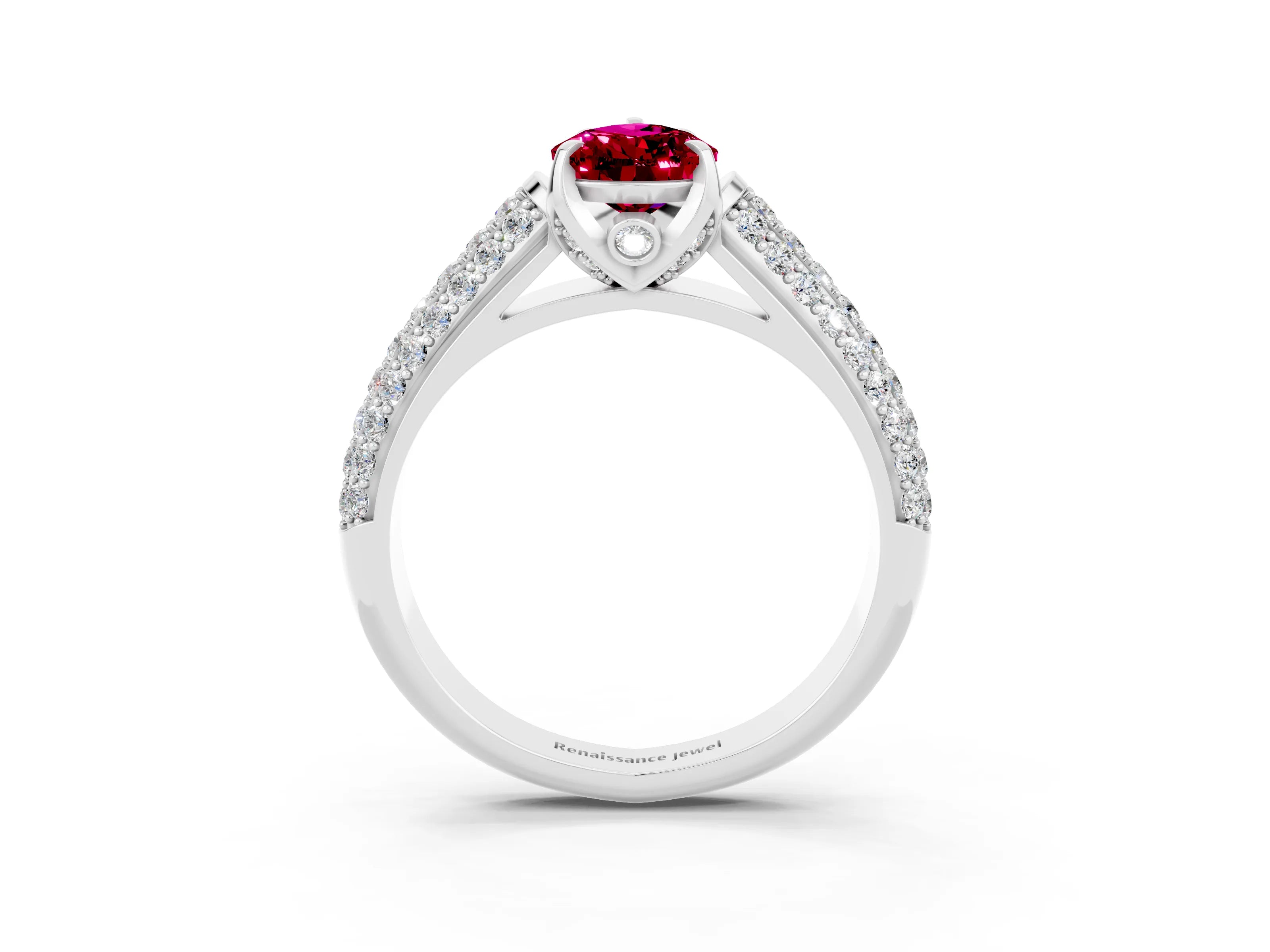 White gold Pear Cut Garnet Solitaire Ring with Three-Row Pavé Band and Four-Prong Setting_15