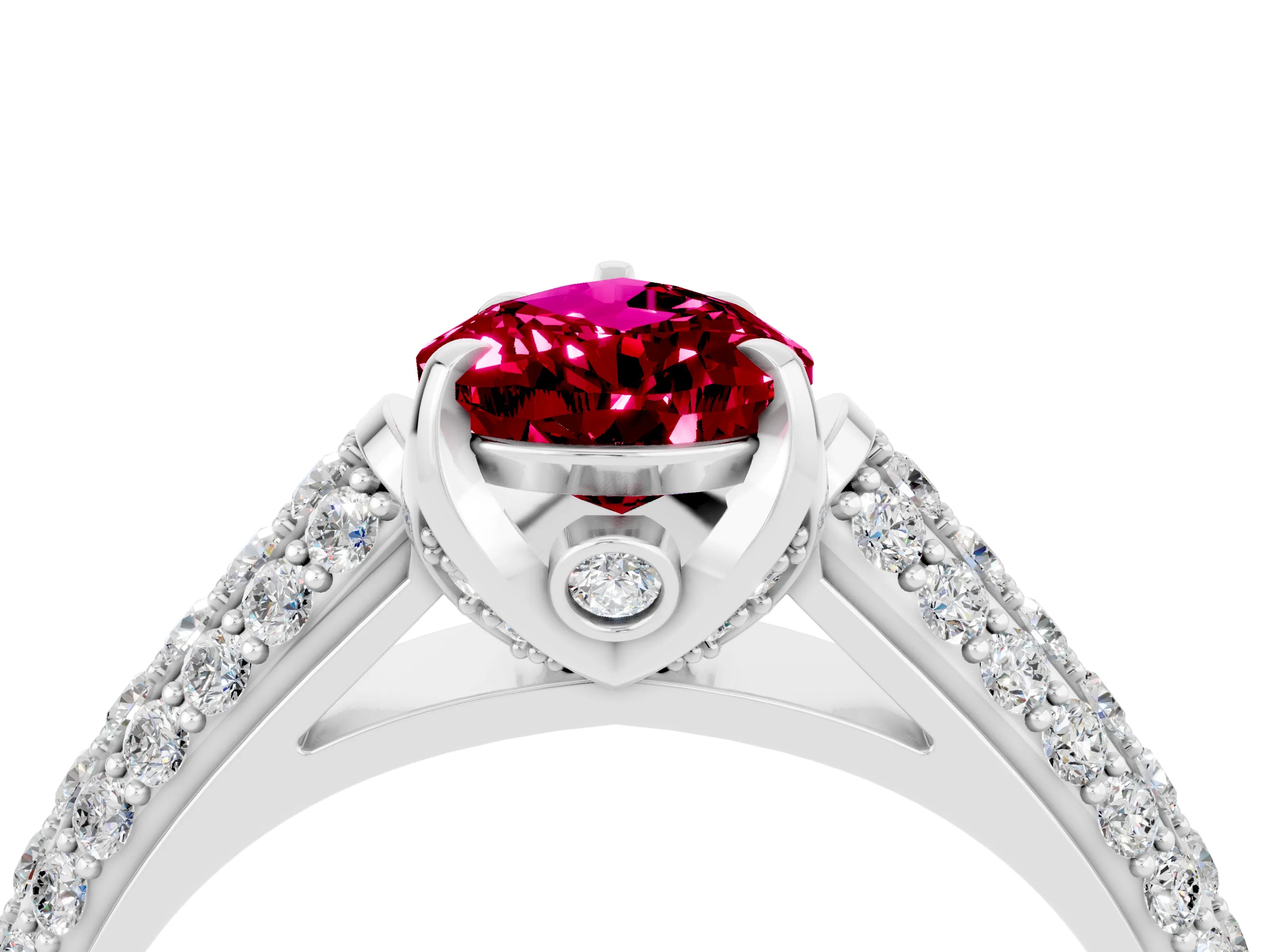 White gold Pear Cut Garnet Solitaire Ring with Three-Row Pavé Band and Four-Prong Setting_16
