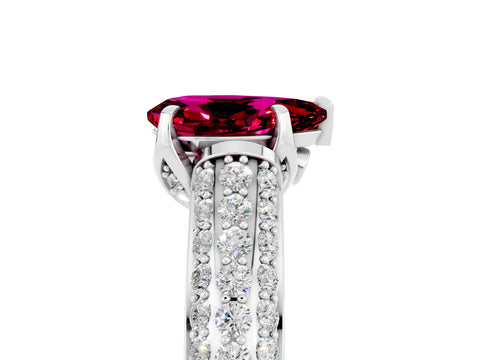 White gold Pear Cut Garnet Solitaire Ring with Three-Row Pavé Band and Four-Prong Setting_17