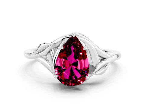 White gold Pear Cut Garnet Solitaire Ring with Twist Band and Four-Prong Setting_12