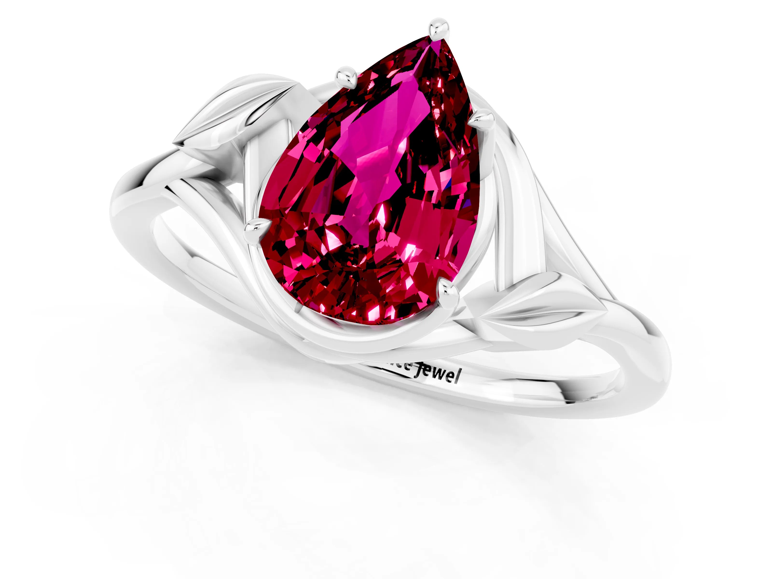 White gold Pear Cut Garnet Solitaire Ring with Twist Band and Four-Prong Setting_13