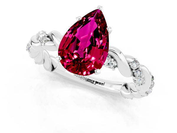 White gold Pear Cut Garnet Solitaire Ring with Twisted Band and Pavé Accents