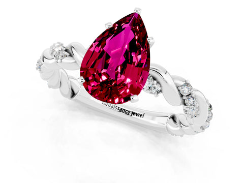 White gold Pear Cut Garnet Solitaire Ring with Twisted Band and Pavé Accents_1