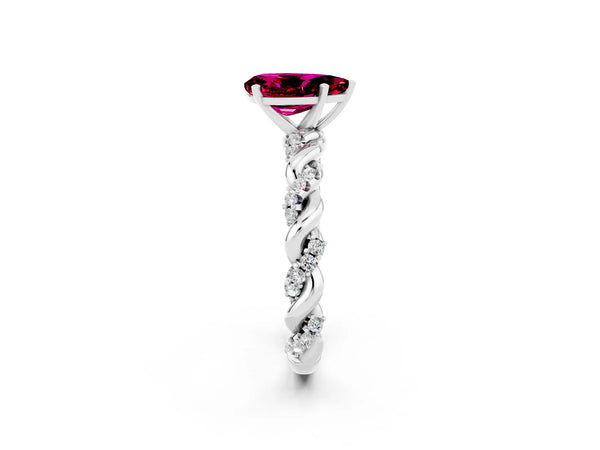 White gold Pear Cut Garnet Solitaire Ring with Twisted Band and Pavé Accents