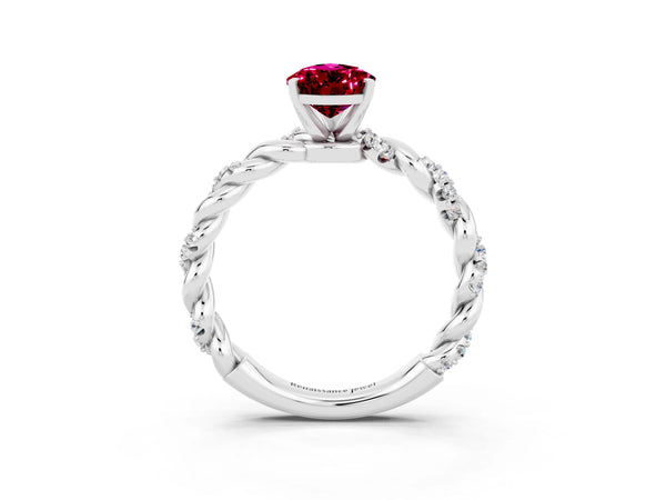 Platinum Pear Cut Garnet Solitaire Ring with Twisted Band and Pavé Accents