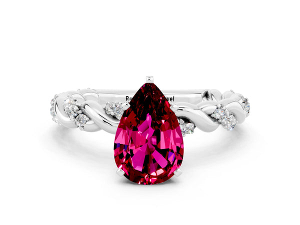 Silver Pear Cut Garnet Solitaire Ring with Twisted Band and Pavé Accents