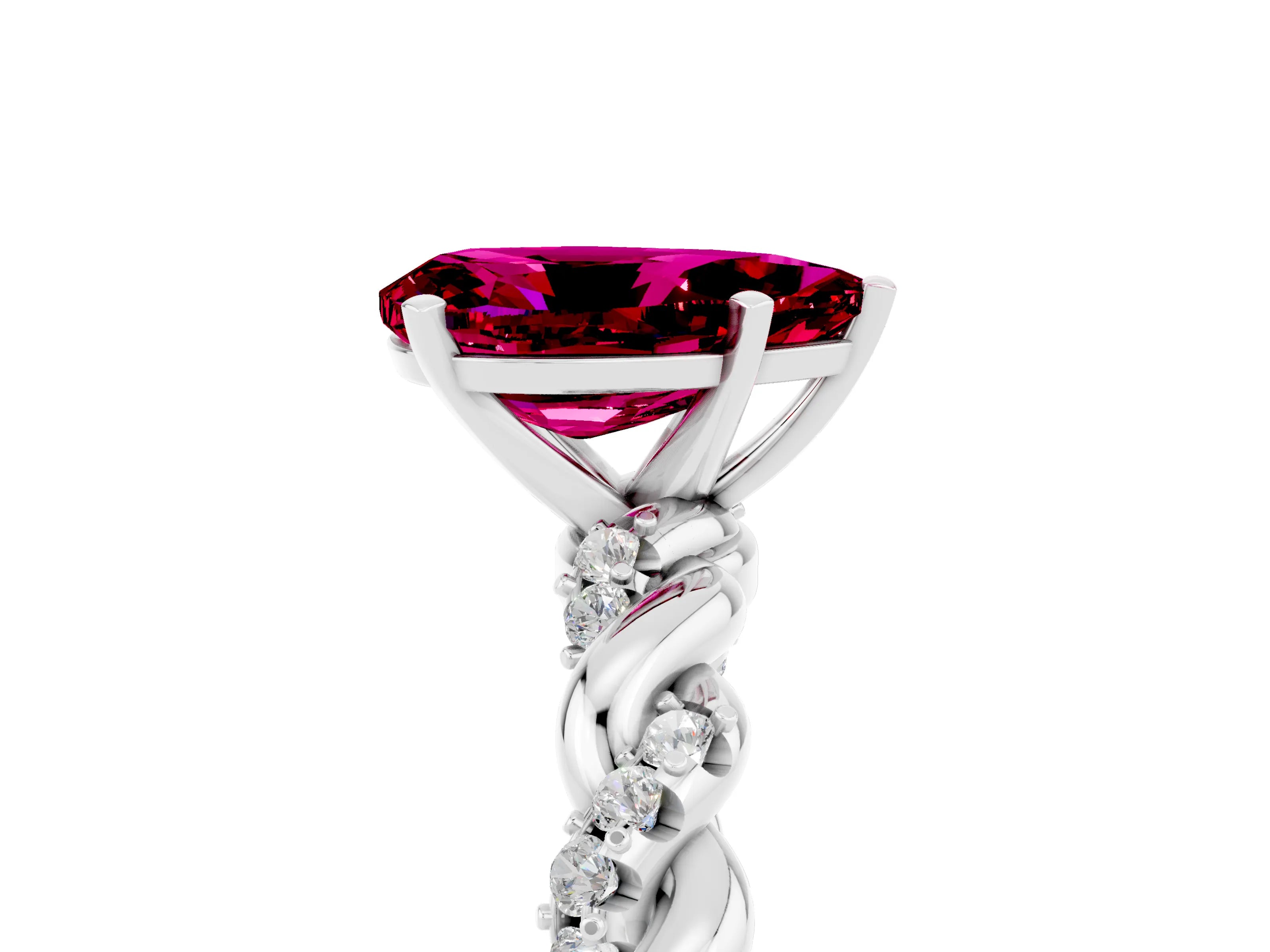 White gold Pear Cut Garnet Solitaire Ring with Twisted Band and Pavé Accents_5