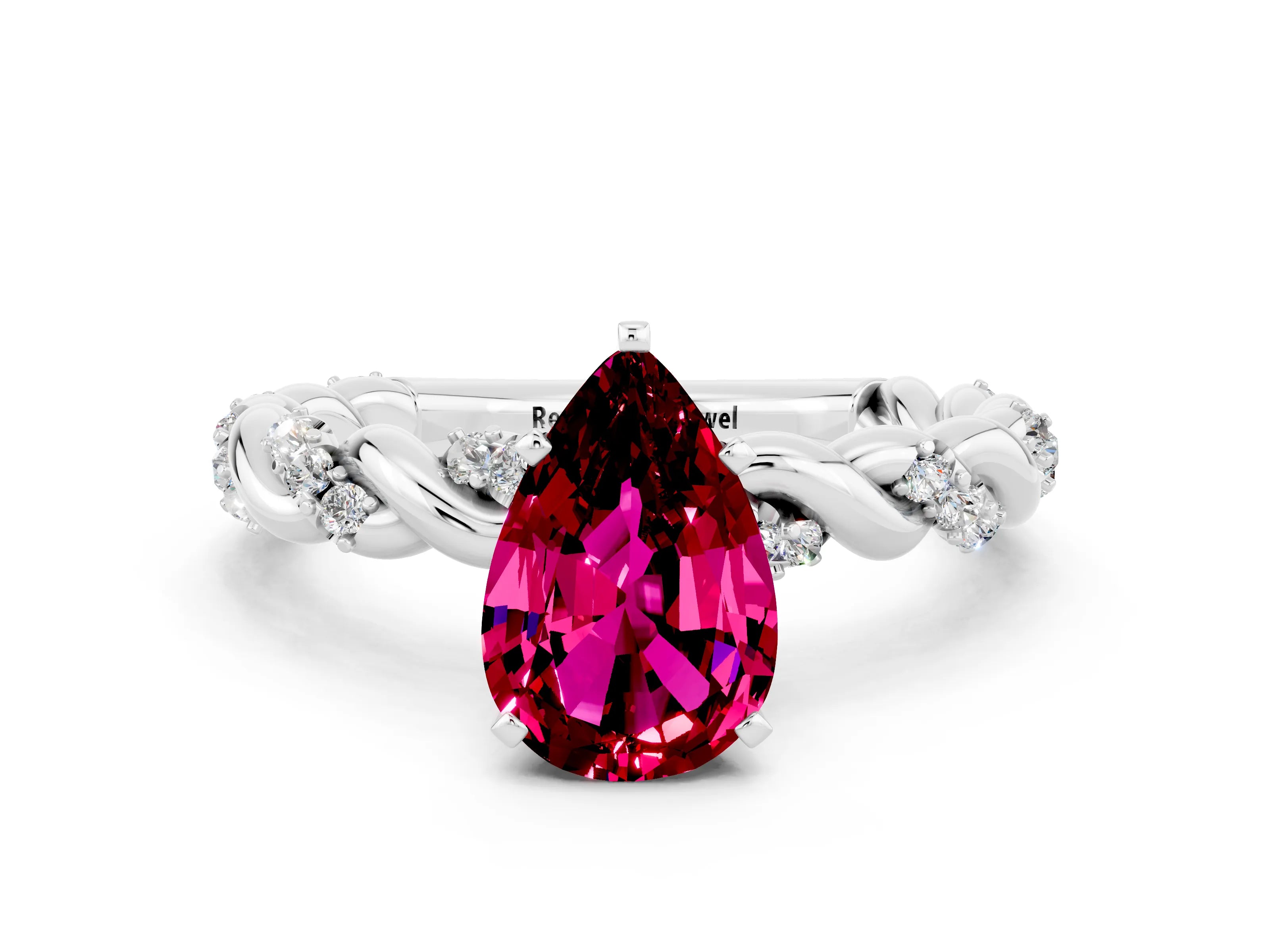 White gold Pear Cut Garnet Solitaire Ring with Twisted Band and Pavé Accents