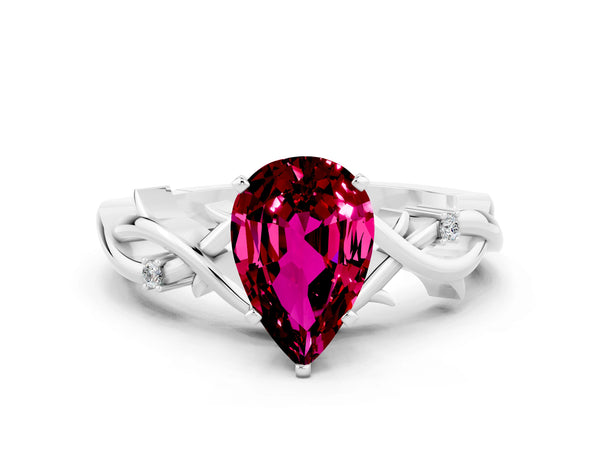 White gold Pear Cut Garnet Solitaire Ring with Twisted Band and Prong Setting