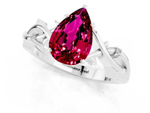 White gold Pear Cut Garnet Solitaire Ring with Twisted Band and Prong Setting