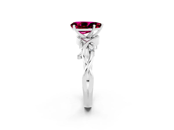 Platinum Pear Cut Garnet Solitaire Ring with Twisted Band and Prong Setting