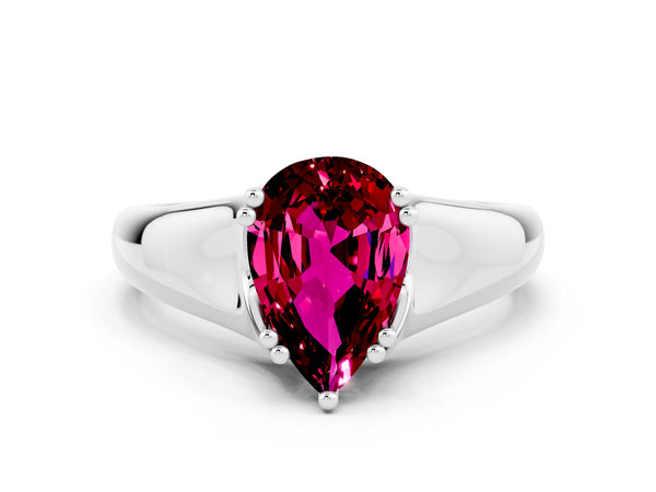 White gold Pear Cut Garnet Solitaire Ring with Wide Band and Prong Setting