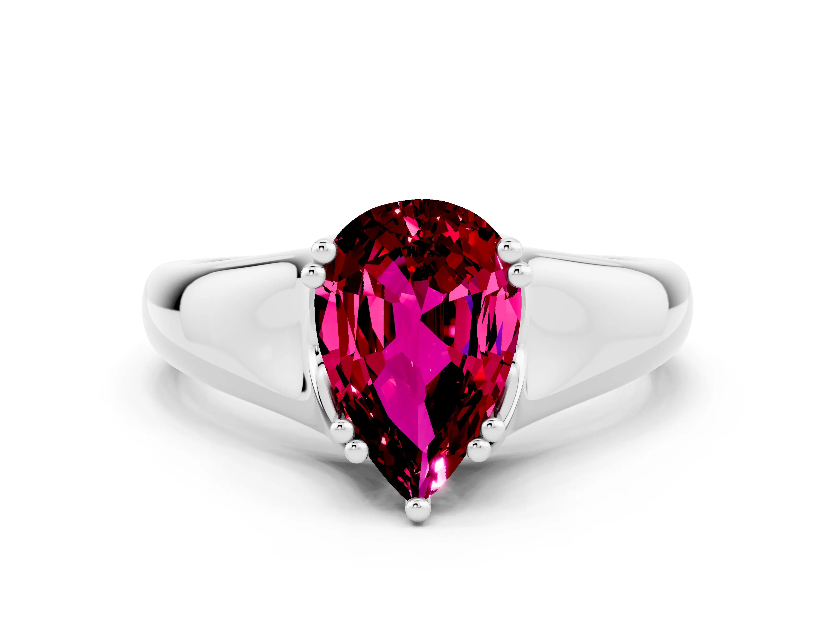 White gold Pear Cut Garnet Solitaire Ring with Wide Band and Prong Setting