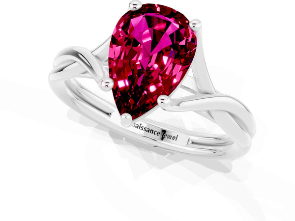 Silver Pear Cut Garnet Solitaire Twist Band Prong Setting Ring