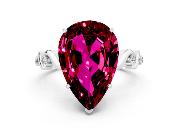 Silver Pear Cut Garnet Solitaire Twisted Band with Round  Accents and Prong Setting