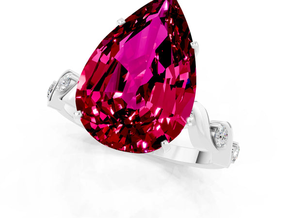 Platinum Pear Cut Garnet Solitaire Twisted Band with Round  Accents and Prong Setting