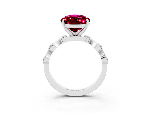 Silver Pear Cut Garnet Solitaire Twisted Band with Round  Accents and Prong Setting