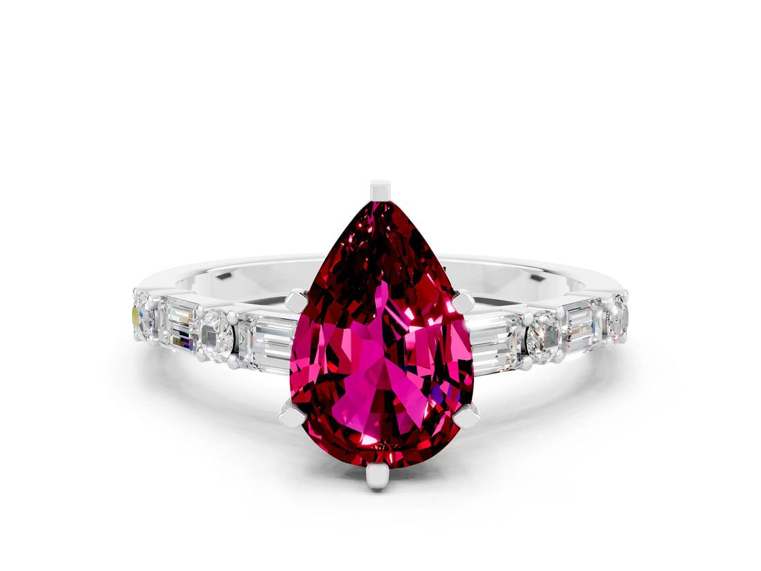 White gold Pear Cut Garnet Solitaire with Side Baguettes and Channel Set Band_36