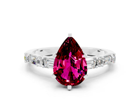 White gold Pear Cut Garnet Solitaire with Side Baguettes and Channel Set Band_36