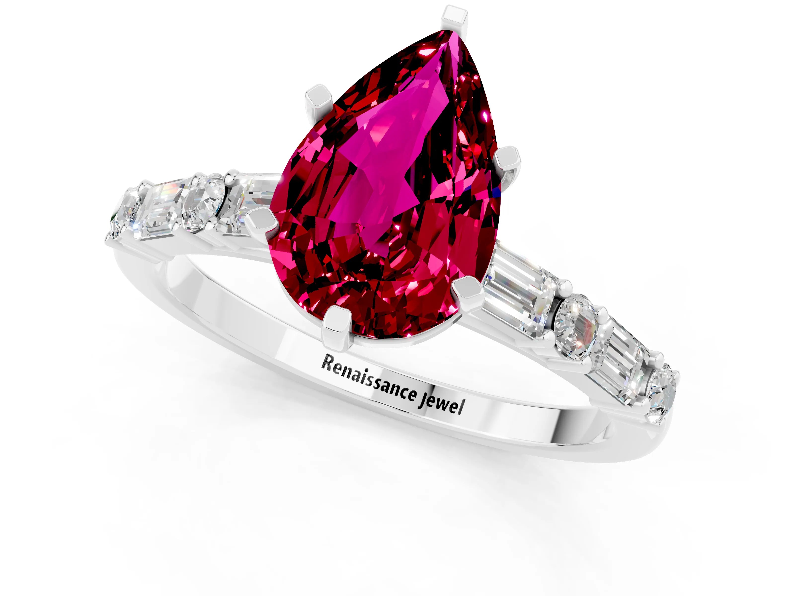 White gold Pear Cut Garnet Solitaire with Side Baguettes and Channel Set Band_37